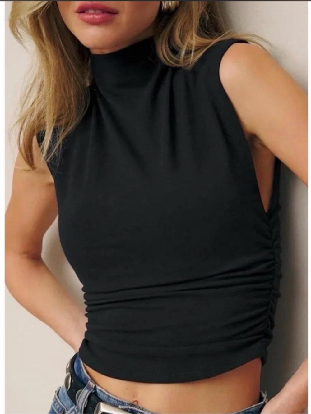Reformation Black Mock Neck Ruched Sleeveless Top – Size M